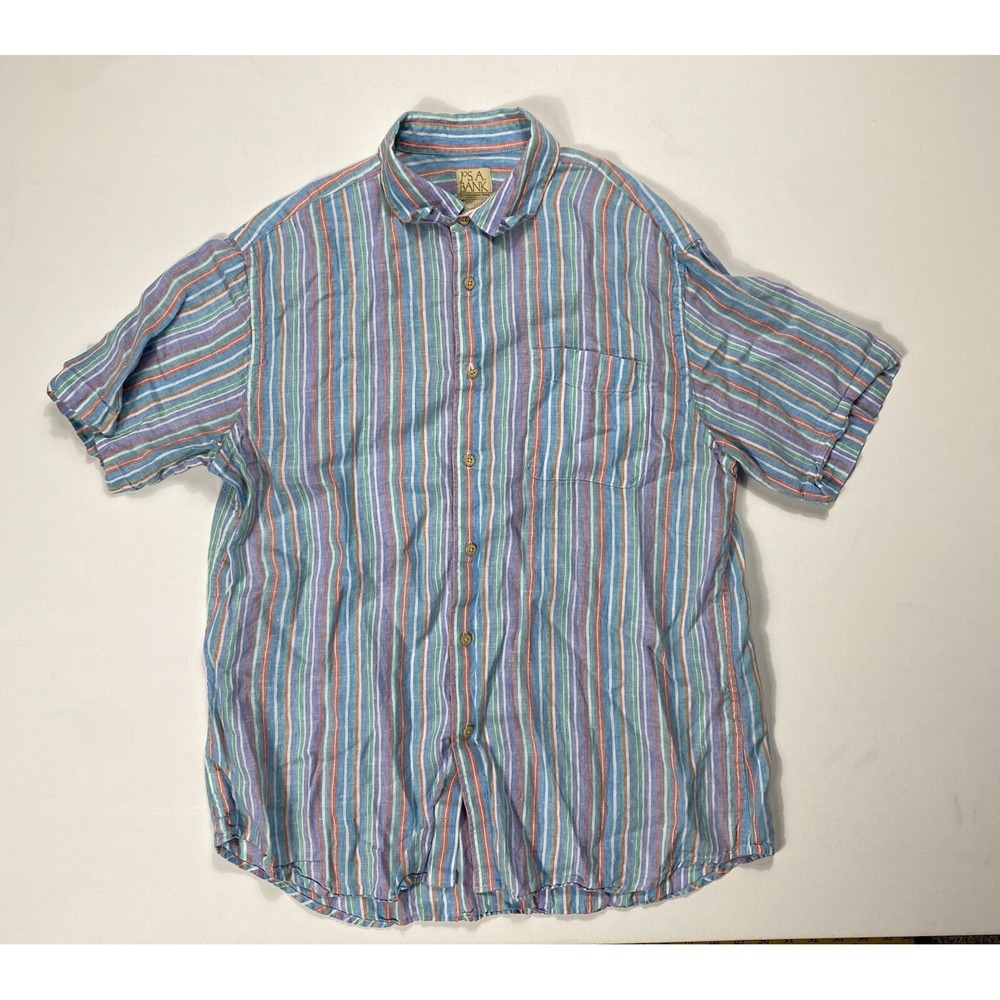 Jos A Bank Men Large 100% Linen Beach Shirt Vertical Stripe Blue Orange Green